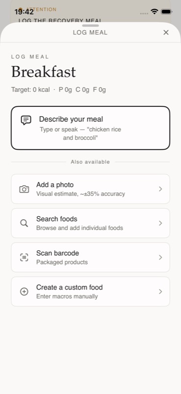 Blitz SwiftUI food logging screen opened from a recovery meal action