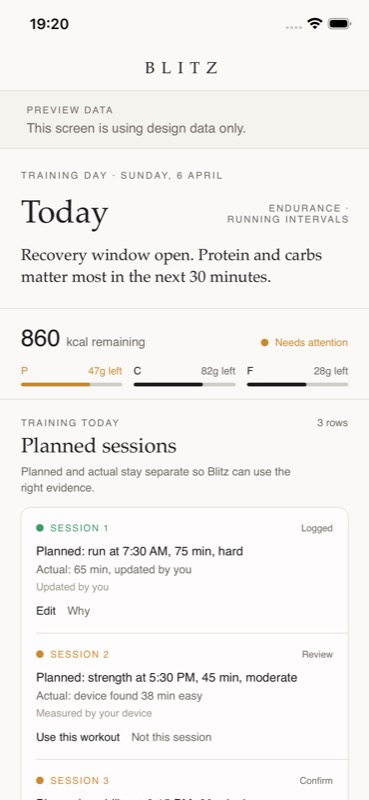 Blitz SwiftUI Today screen showing recovery window, protein, carbohydrate and fat targets